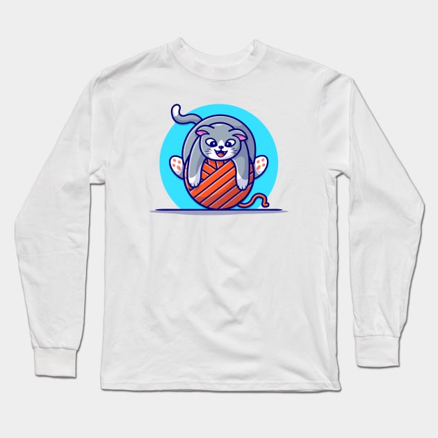 Cute Cat Playing Yarn Ball Cartoon Vector Icon Illustration Long Sleeve T-Shirt by Catalyst Labs